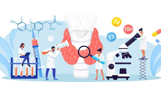 Endocrinologists diagnose and treat human thyroid gland. Doctors Endocrinologists diagnose and treat human thyroid gland. Doctors make blood test on hormones. Hypothyroidism, hyperthyroidism concept. Thyroid examination. Health and medical treatment
